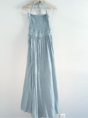 Wishlist Apparel Halter Maxi Dress Blue Smocked Bodice Open Back With Straps